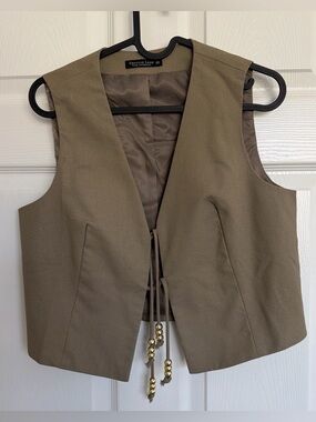 Women's Olive Green/dark green Linen Blend Tie Sleeveless Vest